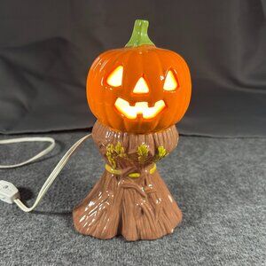 Vintage 1970s Ceramic Jack O Lantern 8” Pumpkin Wheat Base Halloween Decor